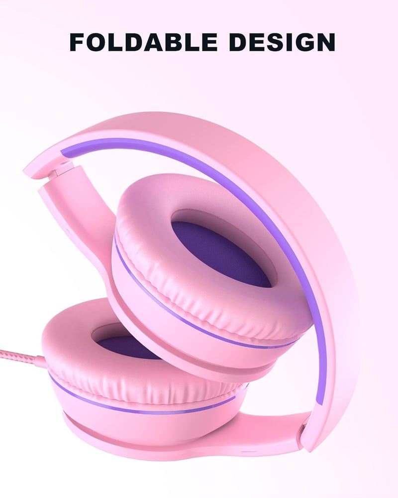 ELECDER i45 On-Ear Headphones with Microphone - Foldable Stereo Bass Headphones with No-Tangle 1.5M Cord, 3.5MM Jack, Portable Wired Headphones for School/Kids/Teens/Smartphones/Travel/Tablet - Pink - Image 4